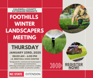 Flyer announcing Foothills Winter Landscapers meeting, red background with beige blocks with written info and 3 circles with turf and grass images